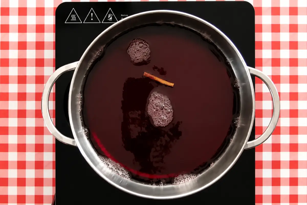Malbec wine simmering with a cinnamon stick until reduced.