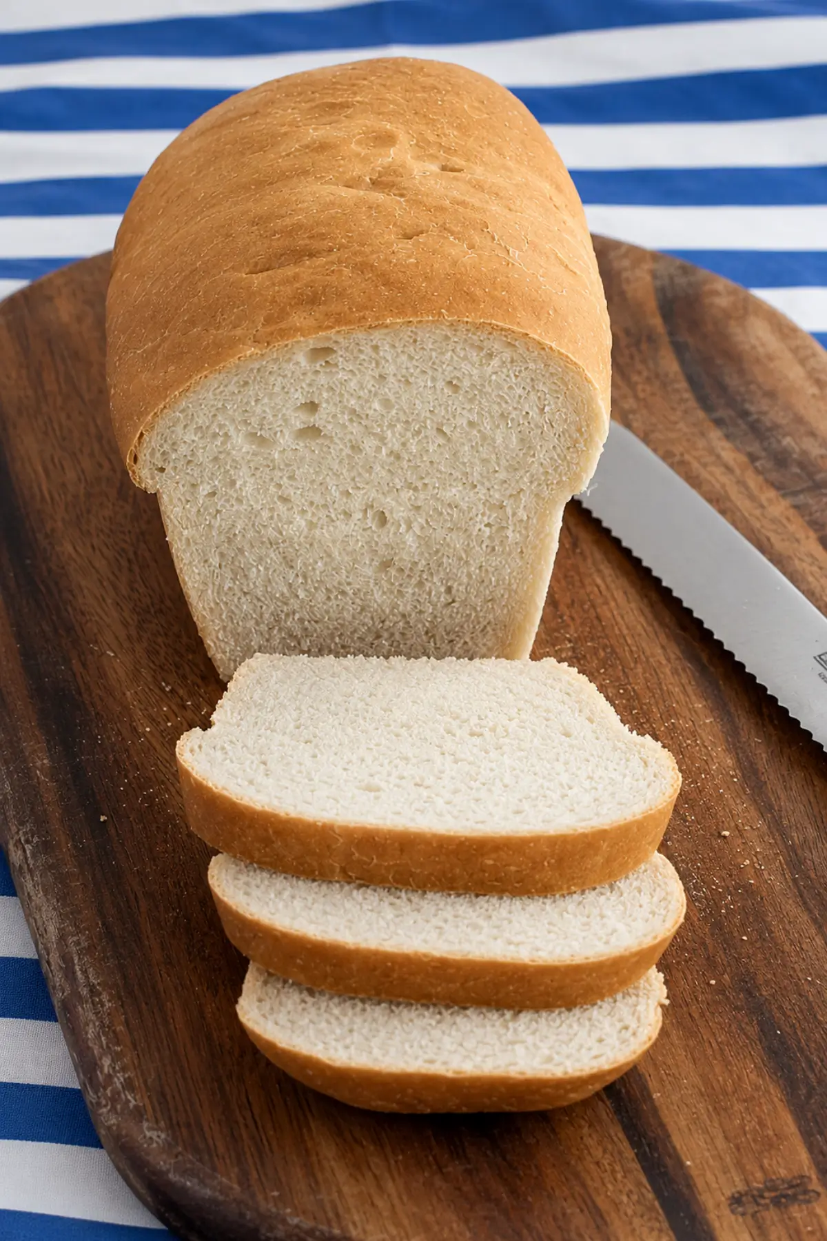 Soft sandwich loaf with freshly sliced pieces on a wooden board.