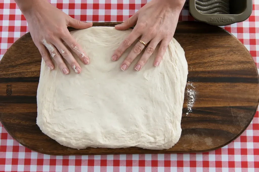 Bread dough pressed into a rectangle before shaping the loaf.