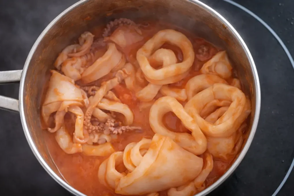 Calamari simmering in a light tomato sauce in a pot.