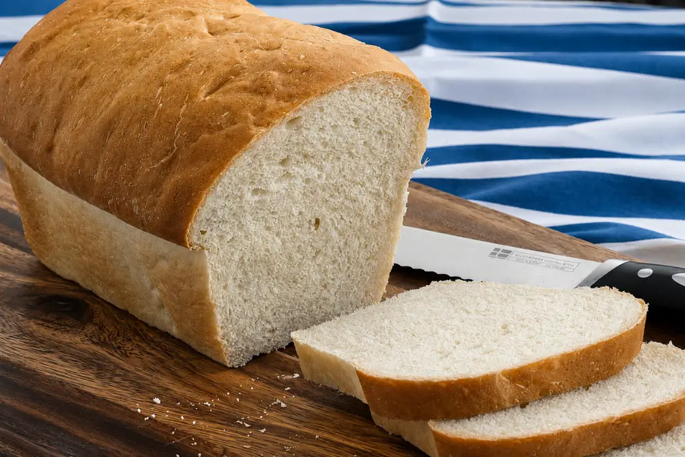Sliced White Sandwich Bread on a wooden board beside a serrated bread knife.