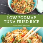 Tuna fried rice served with chopsticks and fresh herbs.