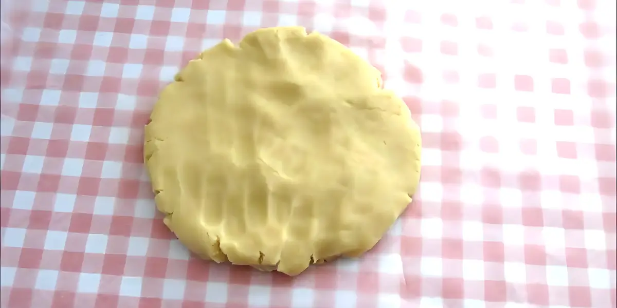 Flattened disc of dough ready to be rolled out.