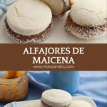 Alfajores de Maicena with Dulce de Leche filling and coconut edges, placed beside a jar of caramel.