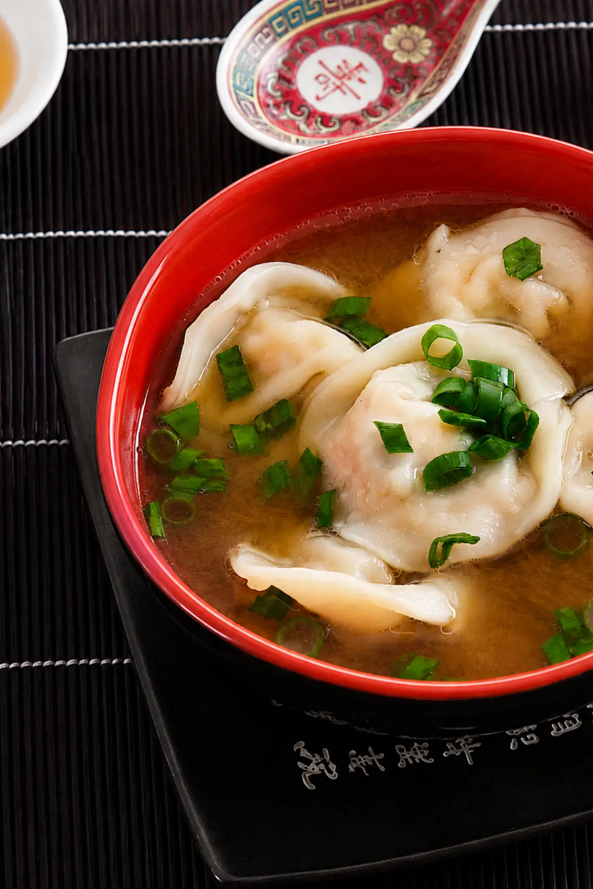 Pork wontons served in warm chicken broth with sliced green onion.