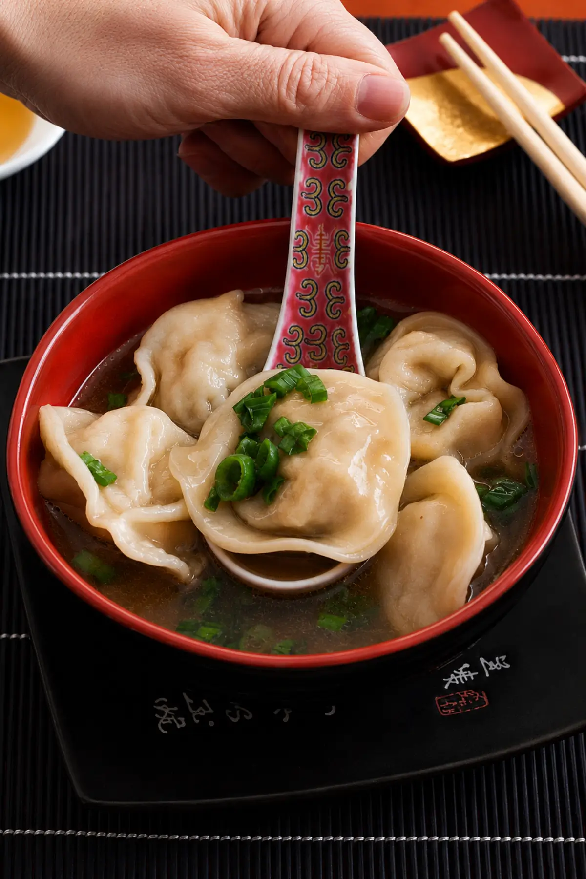 Spoon lifting a soft pork wonton from warm broth with sliced green onion in a red bowl.
