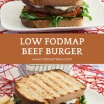 Low FODMAP beef burger on toasted sourdough with rocket, tomato and fries on a white plate.