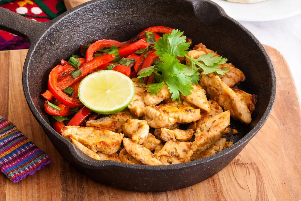 Close-up of low fodmap fajitas with juicy chicken and sautéed peppers.