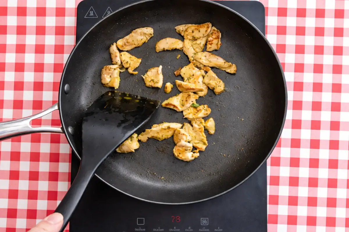 Chicken cooking in a pan until golden.