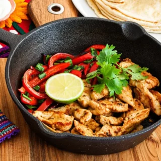 Low FODMAP Chicken Fajitas served in a skillet with peppers, lime, and warm tortillas.