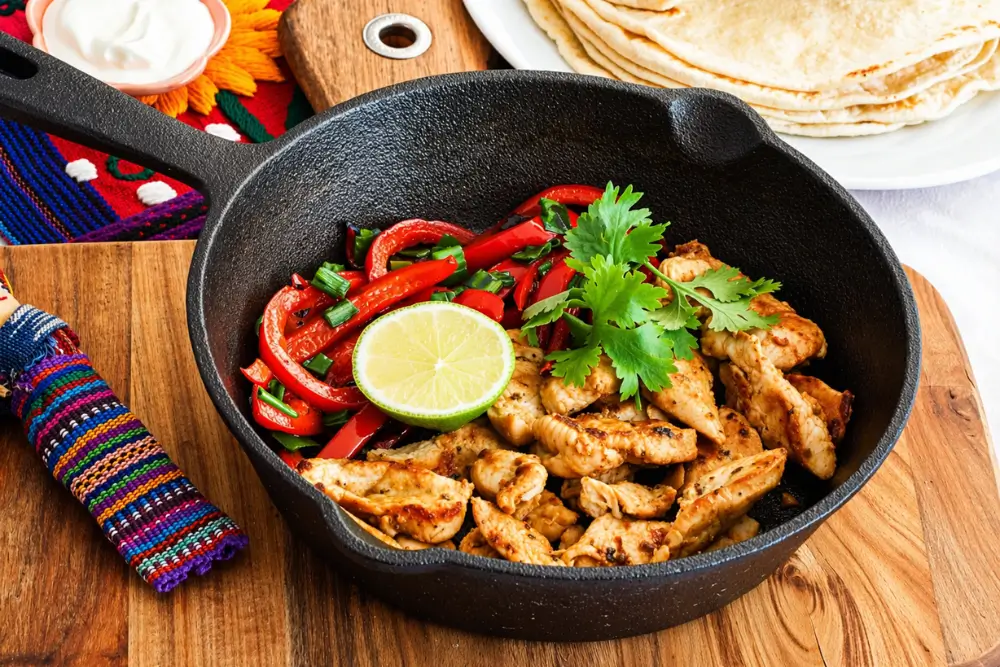 Low FODMAP Chicken Fajitas served in a skillet with peppers, lime, and warm tortillas.