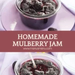 Finished mulberry jam stored in a glass jar.