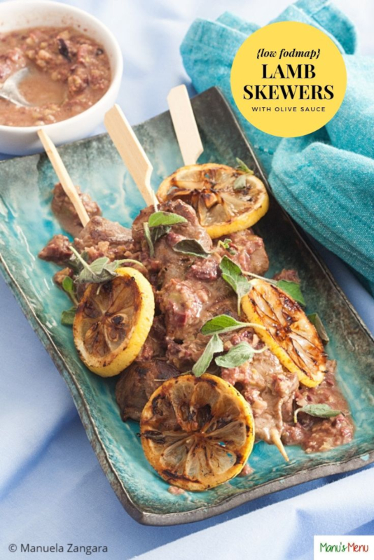 Low Fodmap Lamb Skewers with Olive Sauce