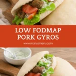 Low-FODMAP gyros pita with lettuce, tomato, and creamy sauce on a wooden board.