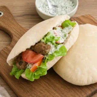 Low FODMAP Pork Gyros with pork meatballs, lettuce, tomatoes and creamy tzatziki.