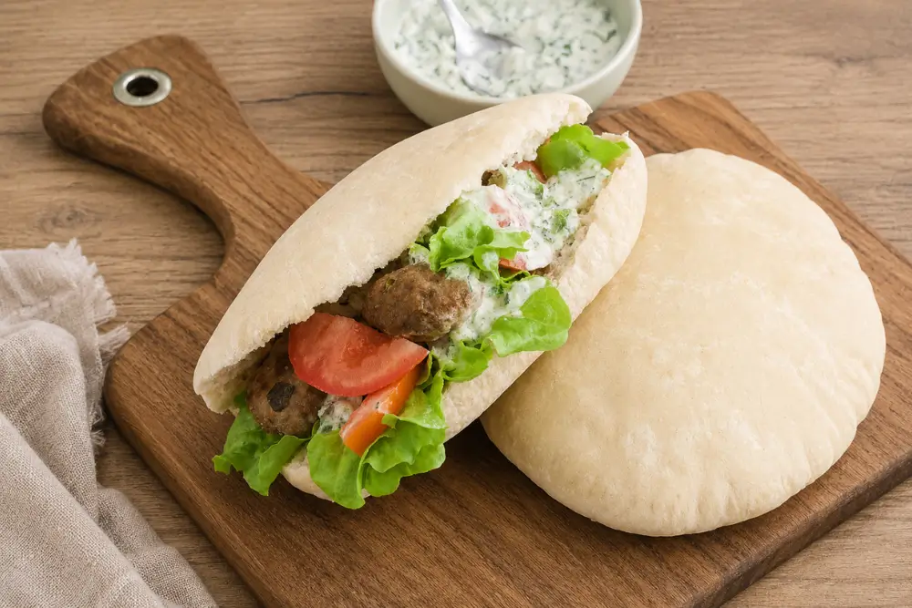 Low FODMAP Pork Gyros with pork meatballs, lettuce, tomatoes and creamy tzatziki.