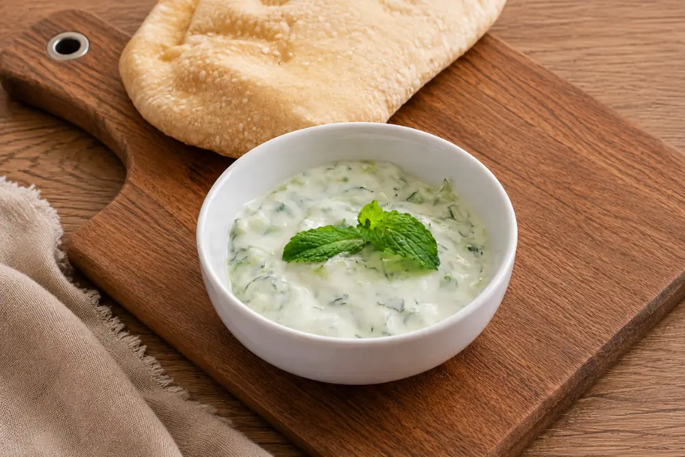 Creamy low FODMAP tzatziki with mint and pita pockets on a wooden board.