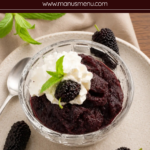 Mulberry granita served with whipped cream, mint, and fresh mulberries.
