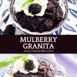 Close-up of Mulberry Granita garnished with whipped cream, mint leaves, and a fresh mulberry.
