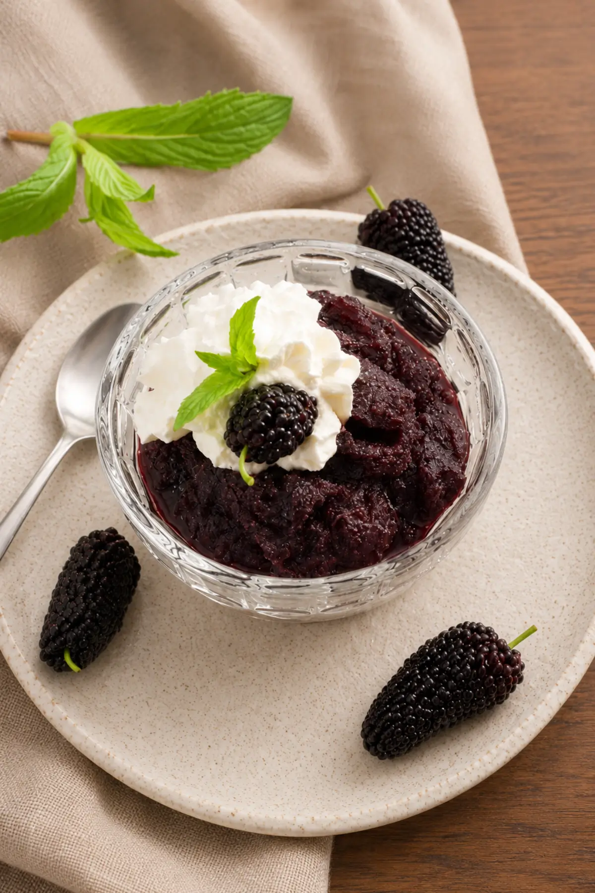 Dark berry granita topped with whipped cream and a fresh mulberry.