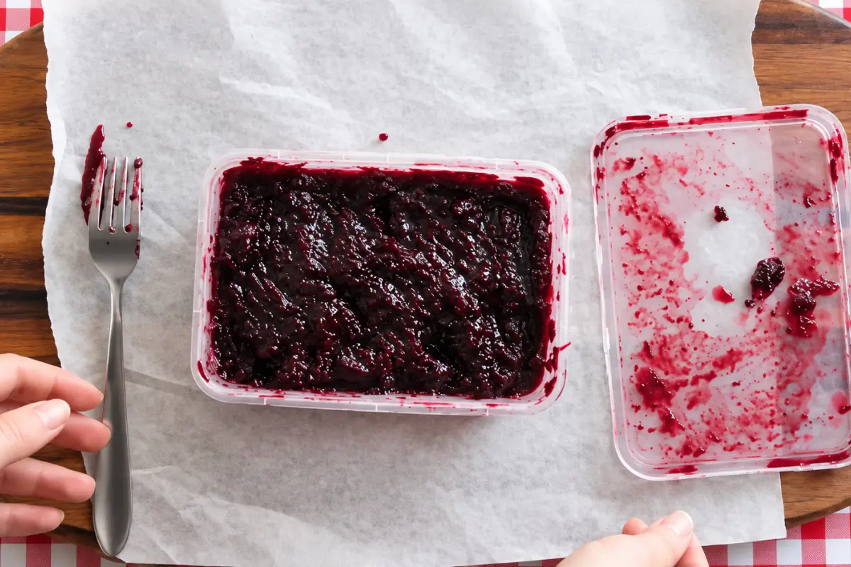 Partially frozen berry mixture being scraped with a fork.