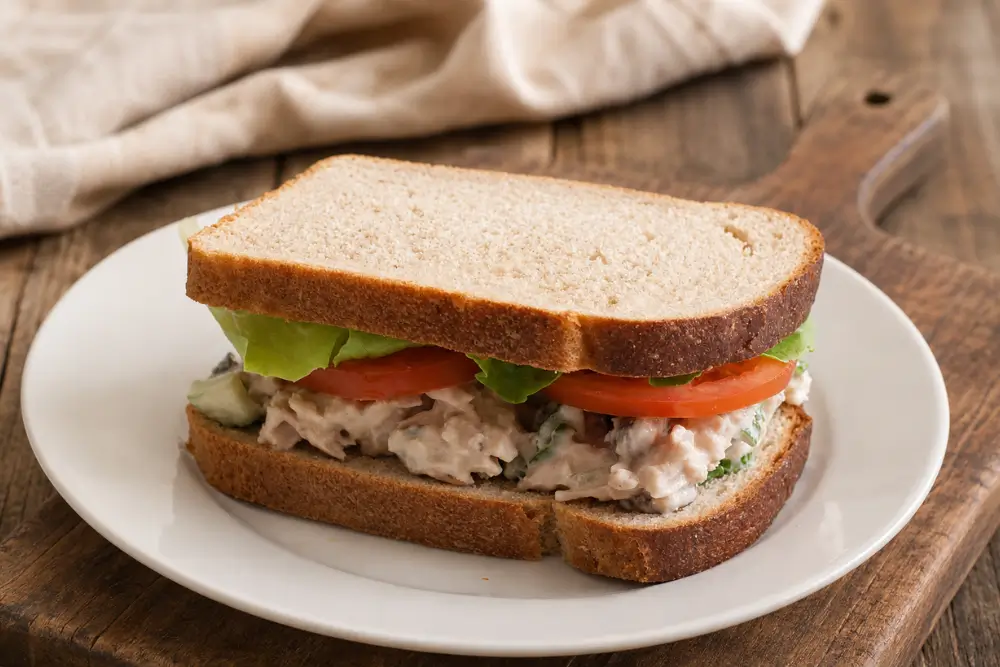 Healthy tuna sandwich filled with creamy tuna salad, tomato slices, and lettuce.