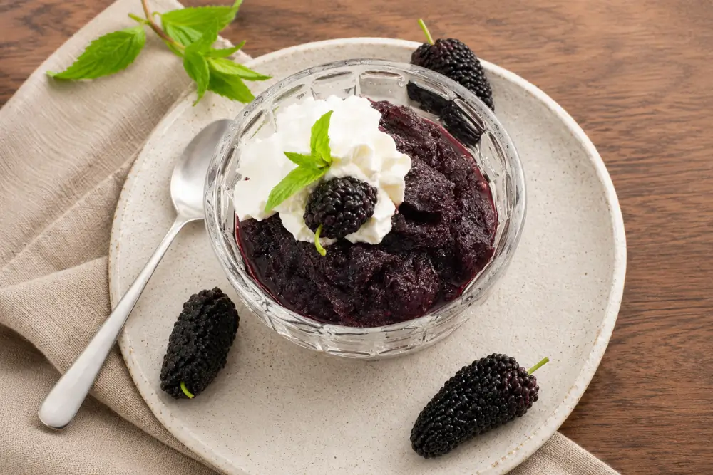 Homemade mulberry granita served with whipped cream, fresh mint, and ripe mulberries.