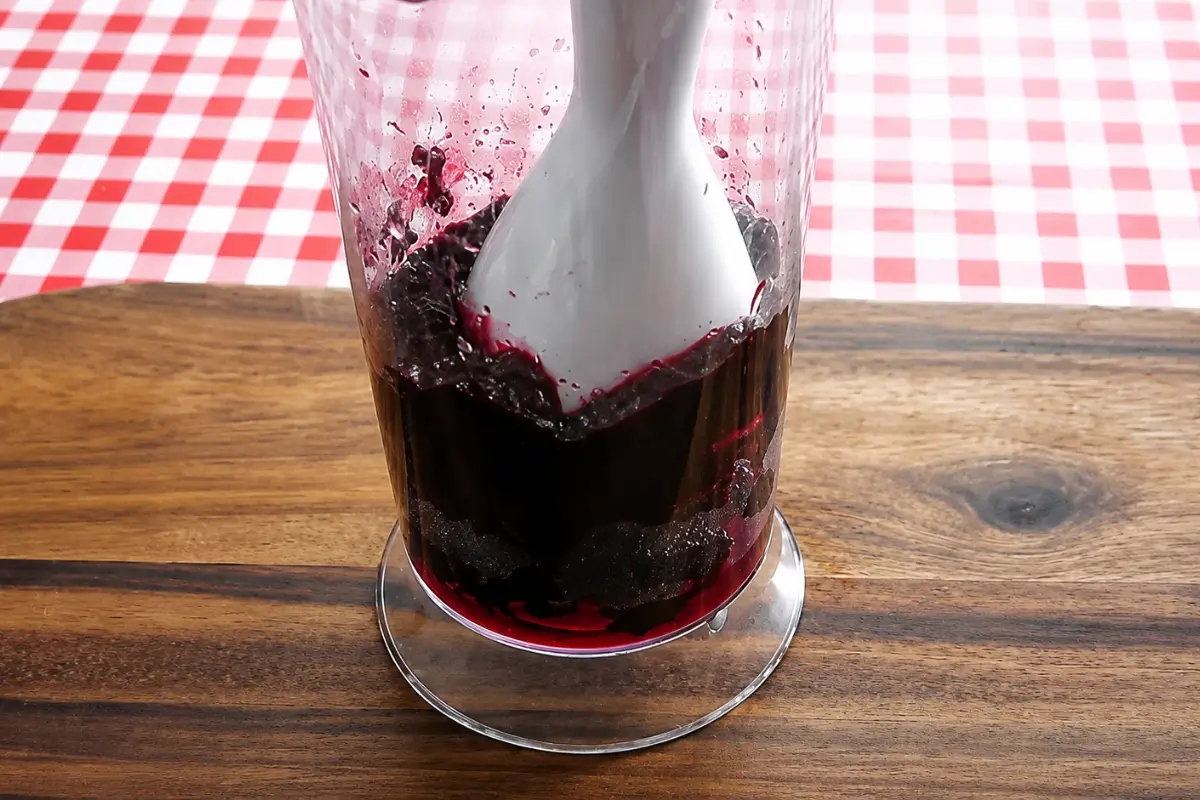 Mulberries being blended with lemon juice until smooth for mulberry granita.