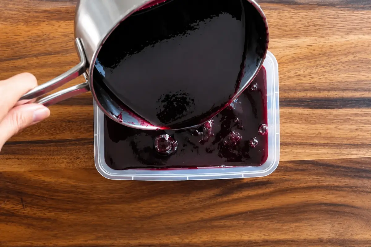 Mulberry granita mixture being poured into a freezer-safe container before freezing.