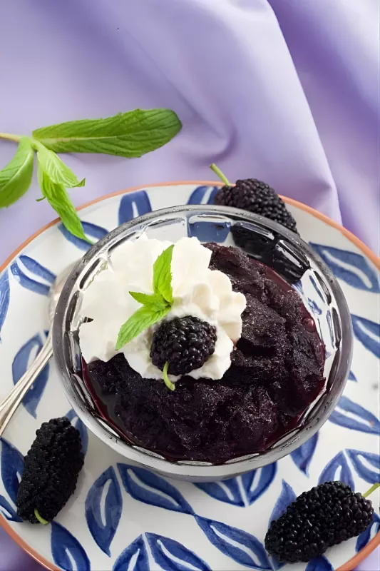 Mulberry Granita in a glass bowl with whipped cream, mint leaves, and whole mulberries around the plate.