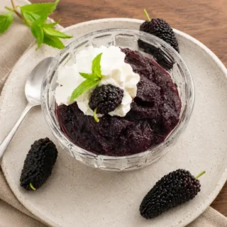 Mulberry granita served with whipped cream, mint, and fresh mulberries.
