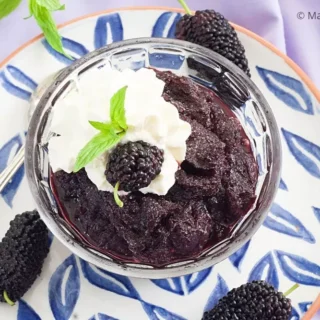 Traditional Sicilian Mulberry Granita served with whipped cream and mint.