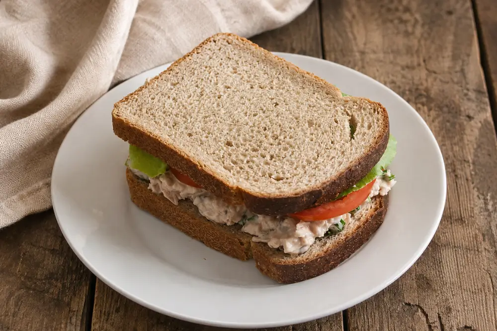 Tuna salad sandwich on a white plate with lettuce, tomato, and creamy tuna filling.