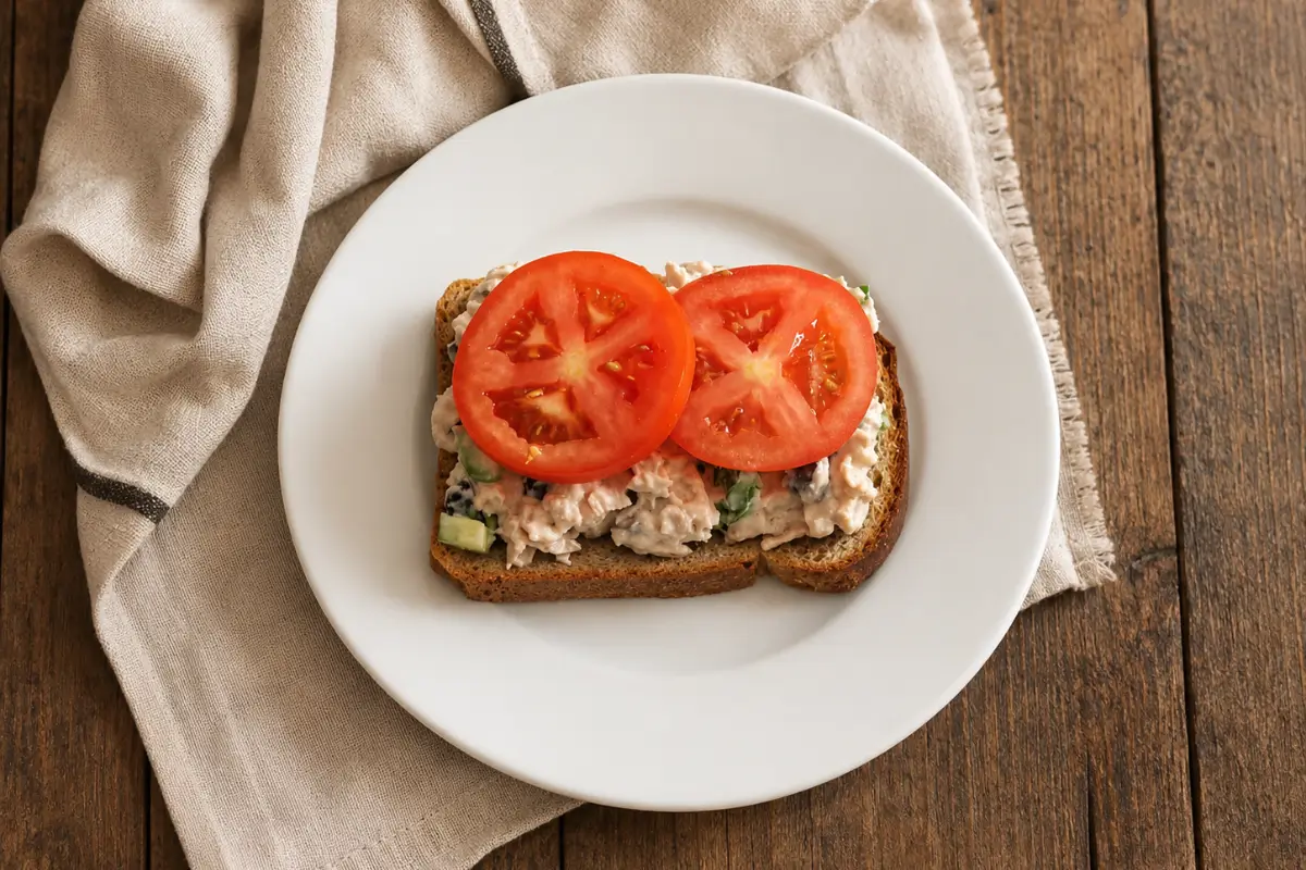 Tuna salad spread on low FODMAP bread and topped with fresh tomato slices before assembling the sandwich.