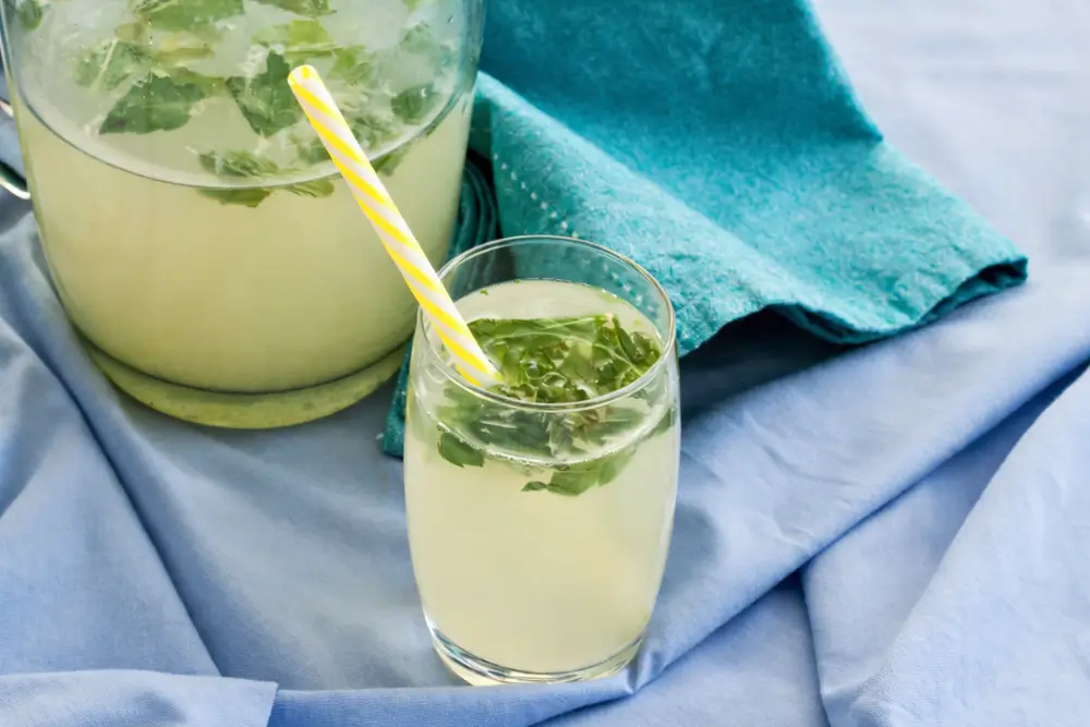 Glass of low FODMAP mint lemonade with fresh mint leaves and a striped straw.