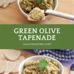 Green olive tapenade served in a white bowl garnished with fresh parsley on a wooden board.