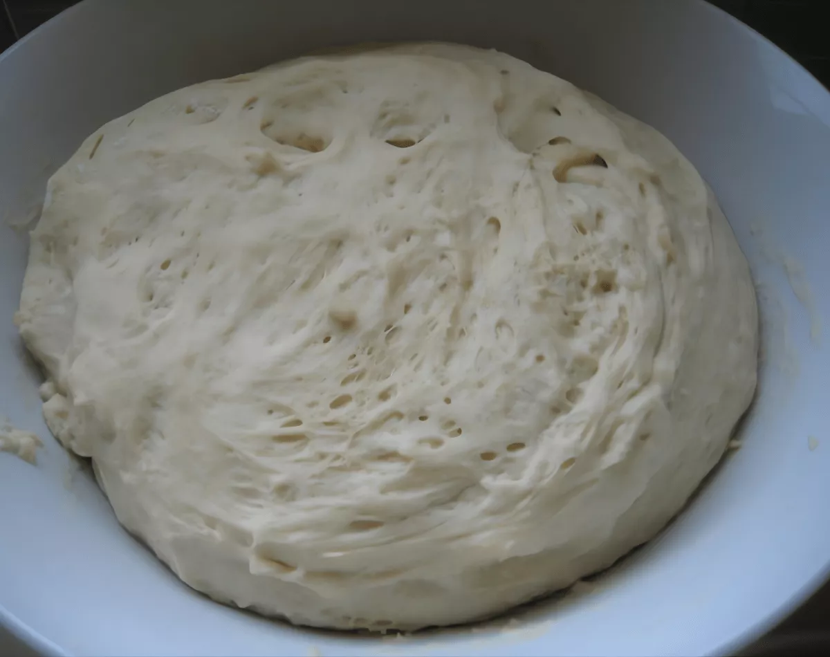 Homemade pizza dough after rising in a bowl.