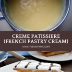 Mille-Feuille with layers of puff pastry and Creme Patissiere, topped with white icing and chocolate lines on a plate.