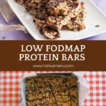 Energy bars stacked with visible seeds and chocolate drizzle.