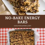 Energy bars stacked with visible seeds and chocolate drizzle.