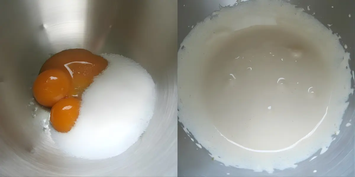 Egg yolks and sugar before and after whipping to a pale mixture.