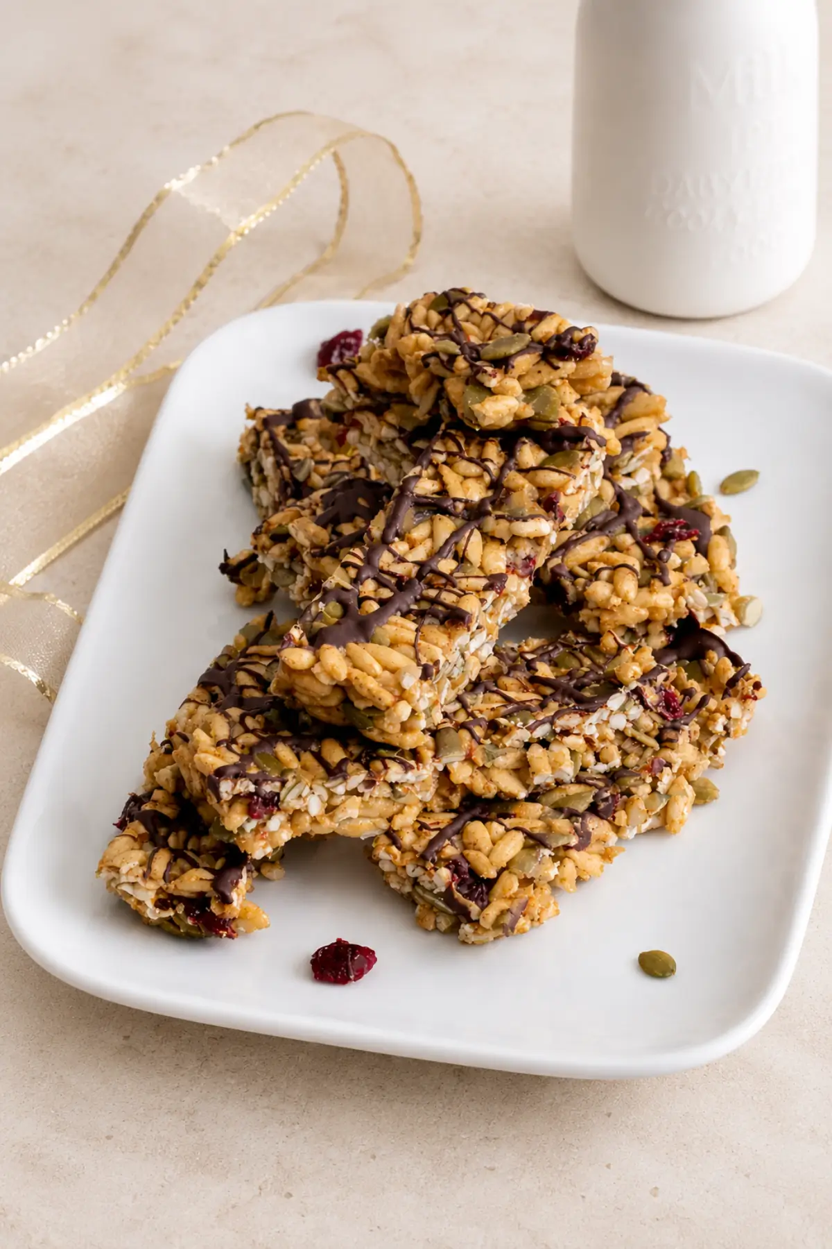 Puffed rice energy bars with pepitas and cranberries finished with dark chocolate drizzle.