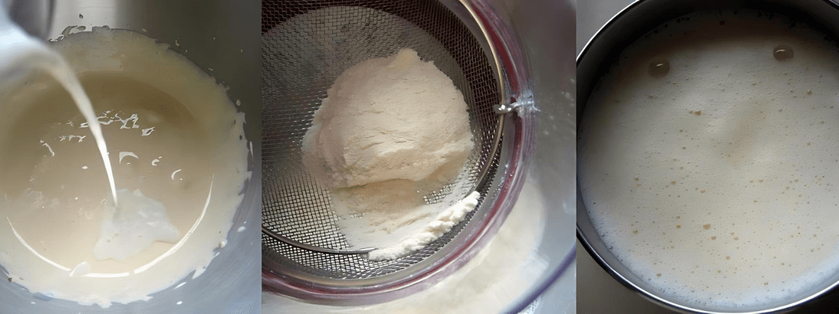 Egg yolks mixed with sugar, milk being poured in, and flour being sifted into the bowl.