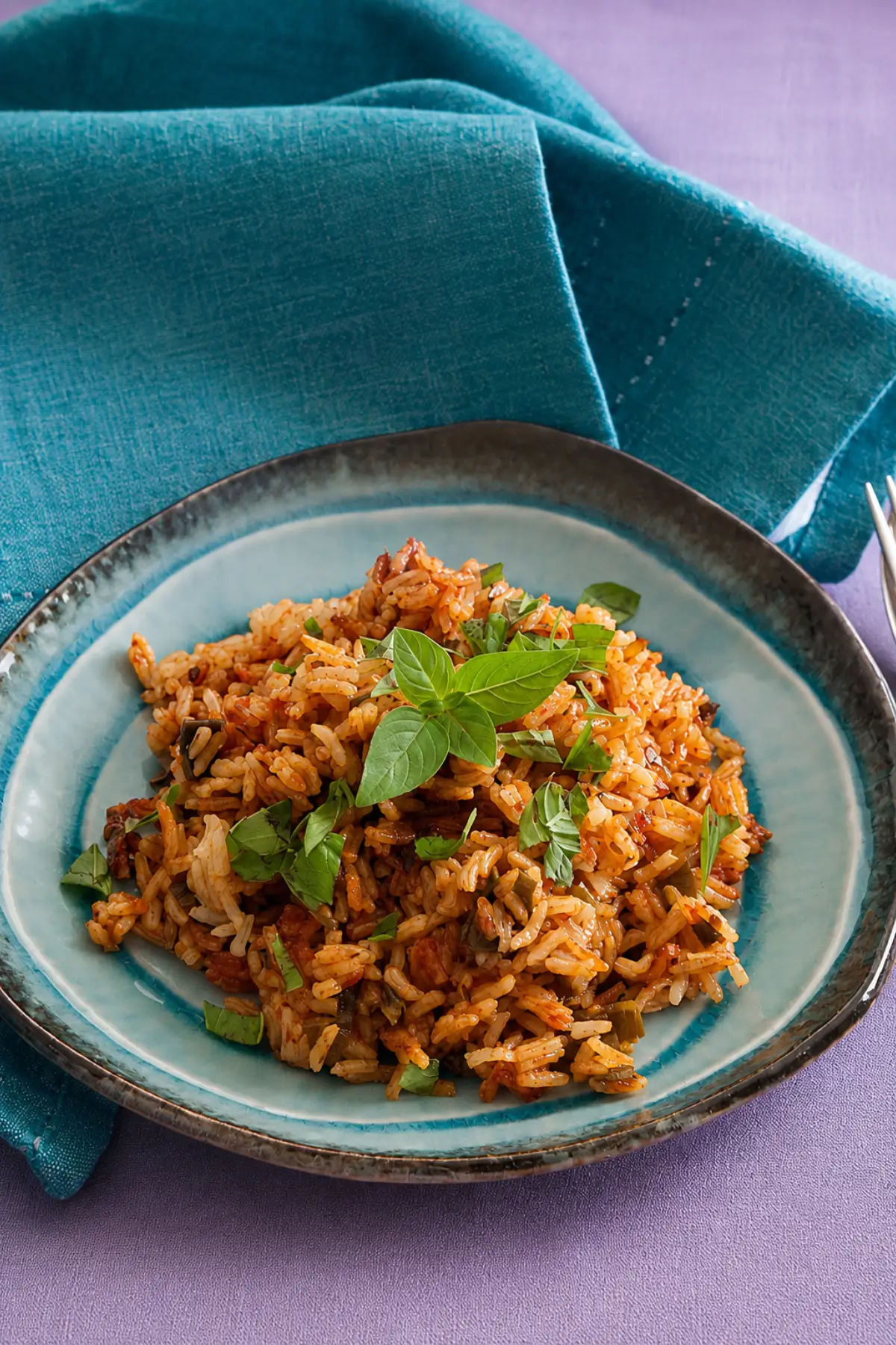 Tomato basil rice topped with chopped basil and fresh basil leaves.