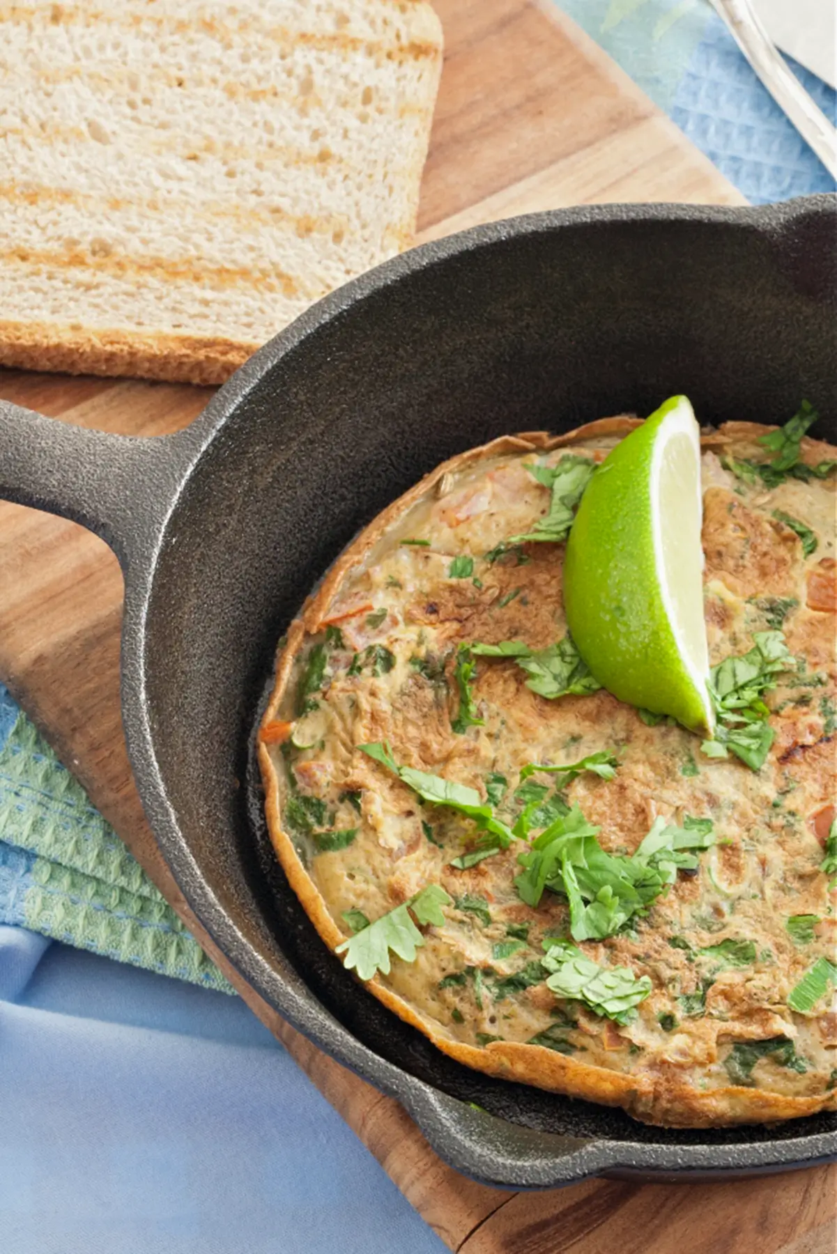 Close-up of a pan-fried omelette with tomatoes, herbs, and spring onion greens topped with coriander.