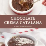 Close-up of chocolate custard with caramelised sugar served in a ramekin.