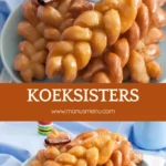 Golden syrup-coated Koeksisters stacked on a blue plate with a cinnamon stick.