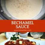 Lasagne layered with meat ragù and creamy béchamel sauce served on a white plate.