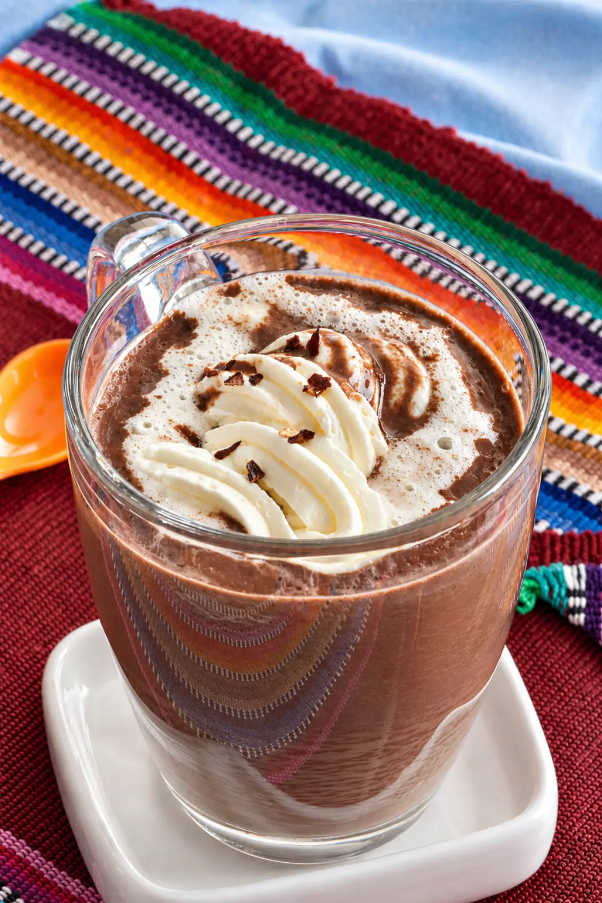 Cinnamon hot chocolate topped with whipped cream and a sprinkle of chilli flakes in a glass mug.