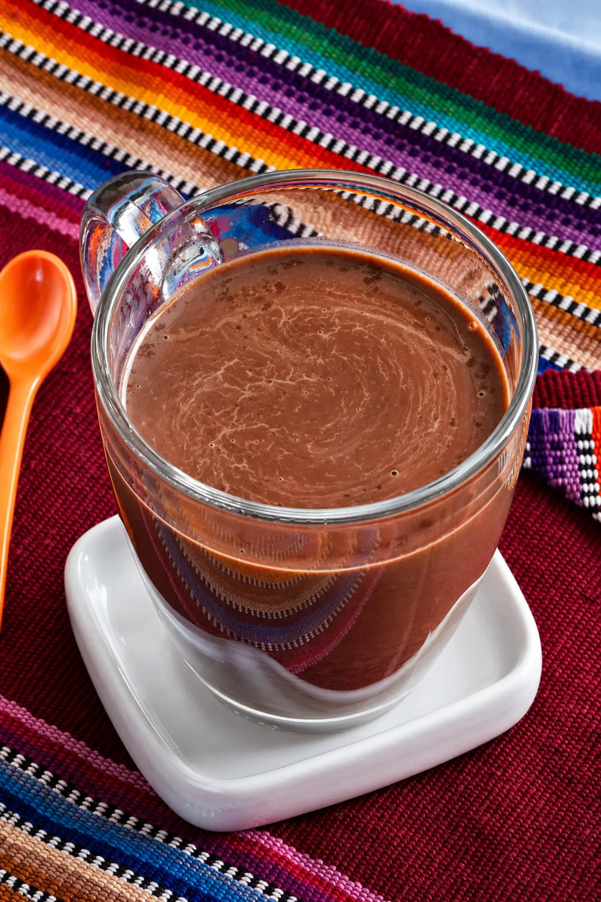 Homemade hot chocolate served in a clear glass mug on a patterned cloth.